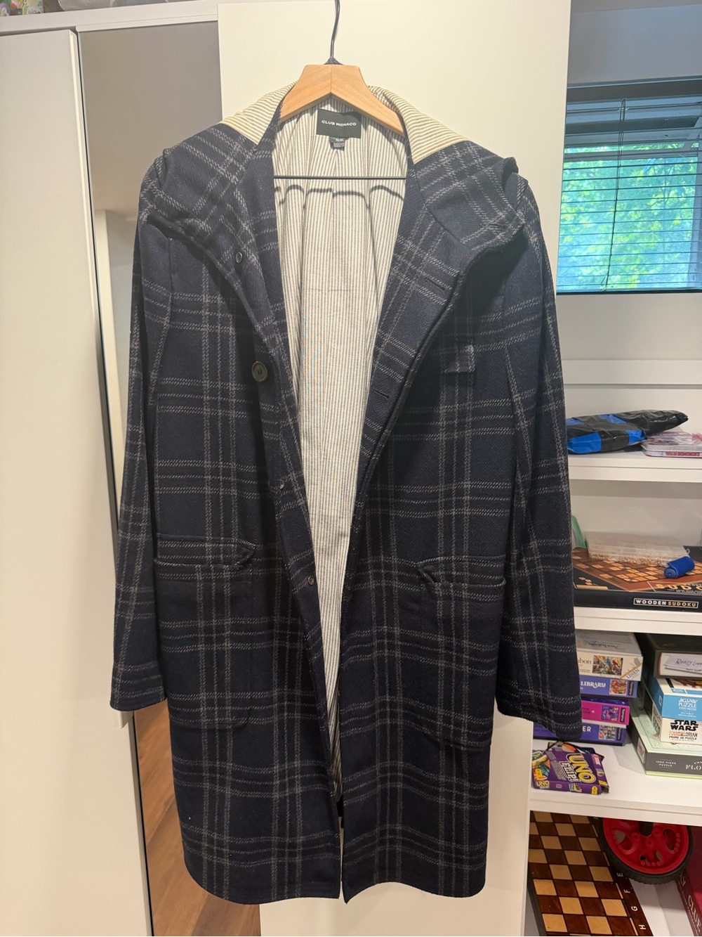 Club Monaco Navy Plaid Hooded Pea Coat